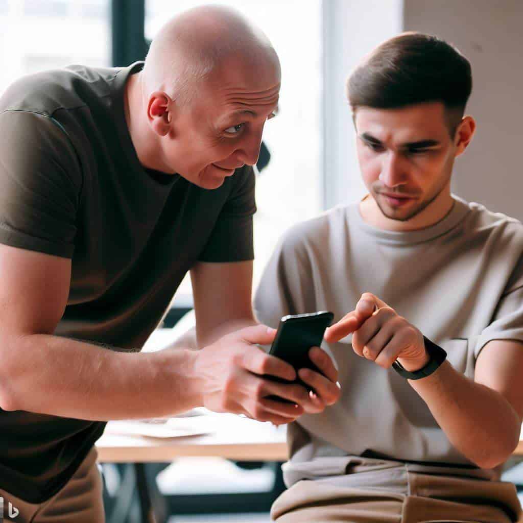 Instructor teaching someone how to use an iPhone