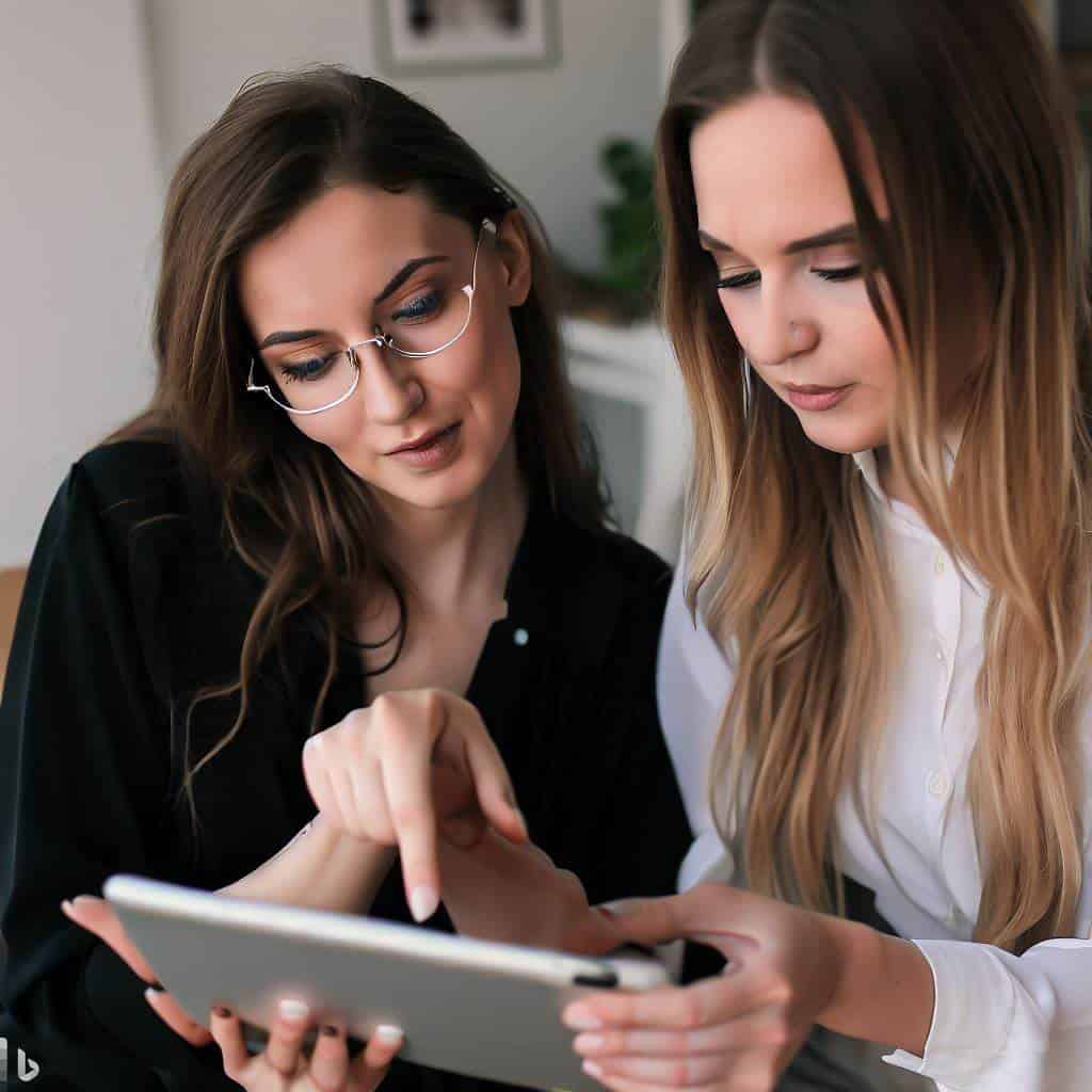 Teacher showing someone how to use their iPad