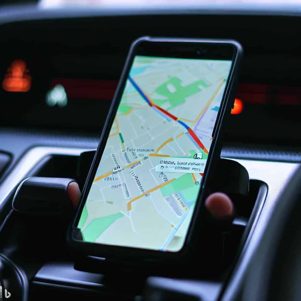 Smartphone mounted on a car dashboard, with a navigation app open and displaying a map