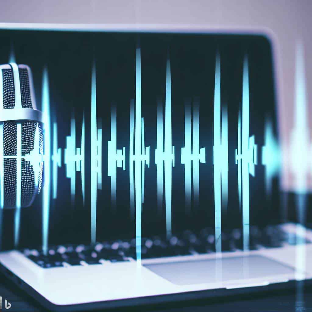 Microphone with voice waveform and laptop used in dictation