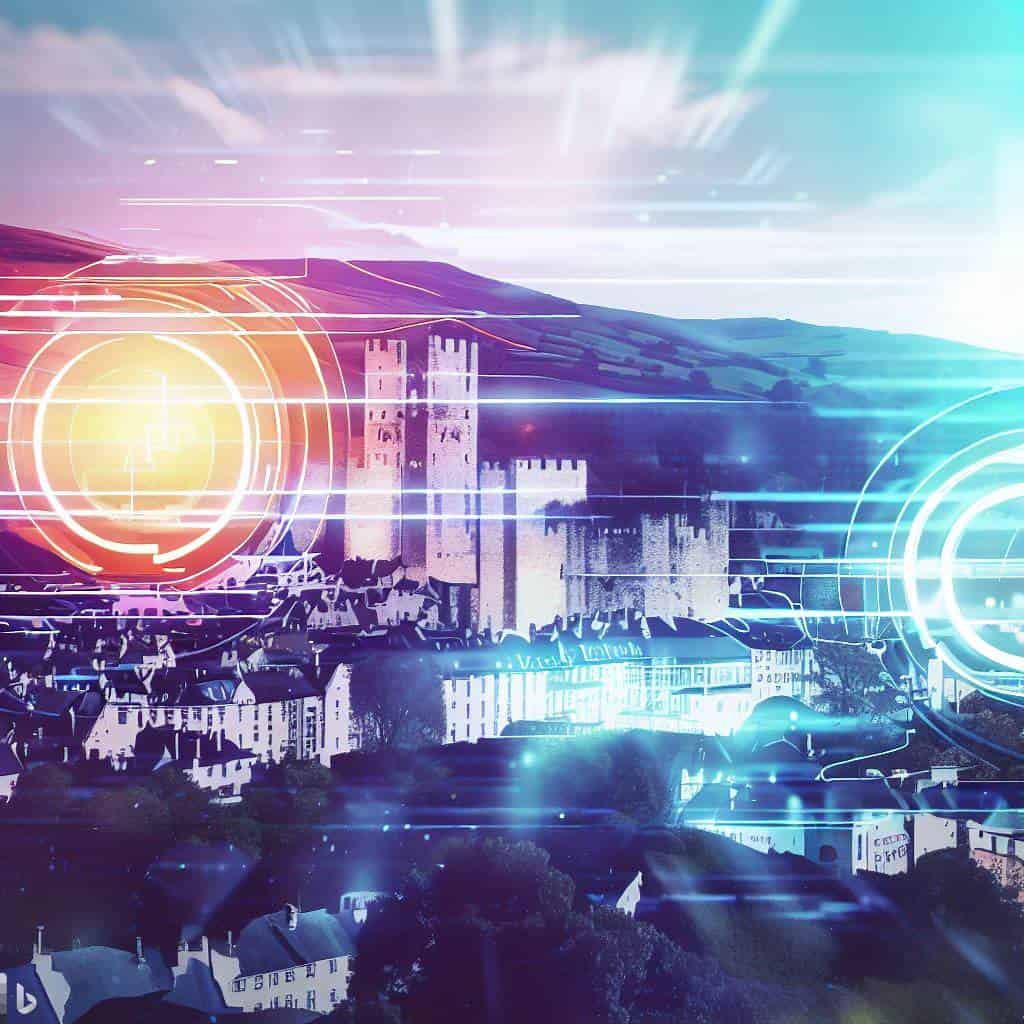 Abergavenny with a futuristic overlay or graphic representation of AI technology