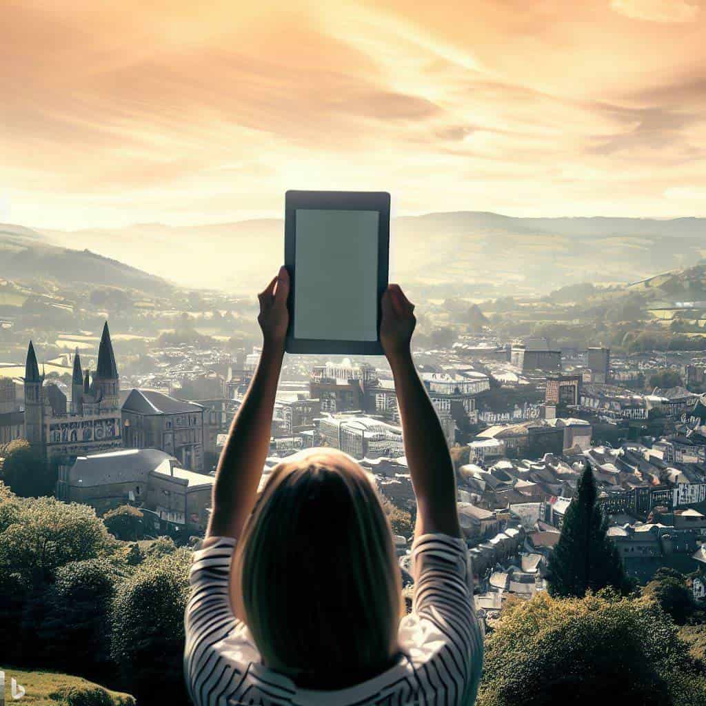 Incredible image of a person holding a Kindle, with Abergavenny skyline