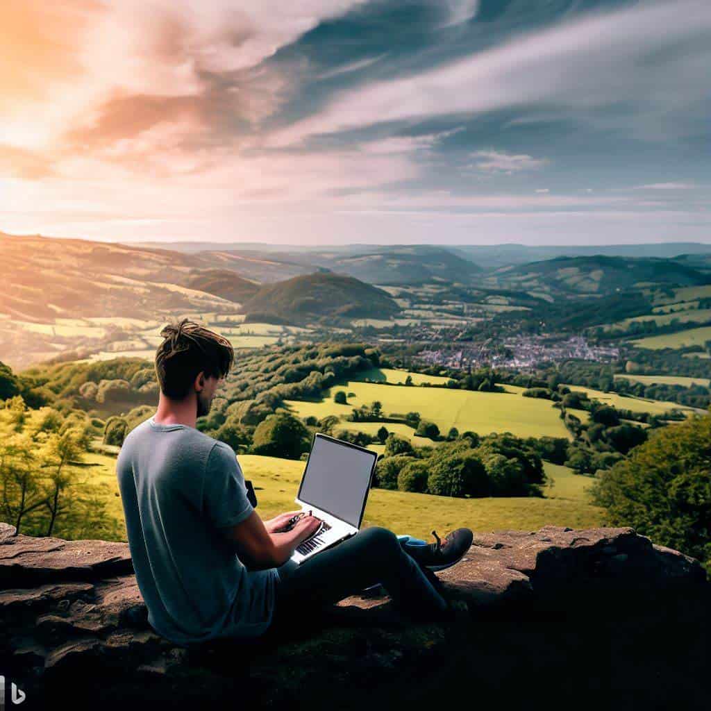 Stunning image of a person working on a laptop, with a scenic view of Abergavenny