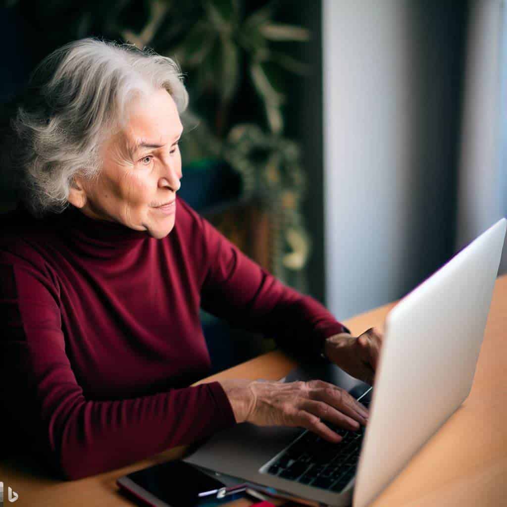 Retired teacher working on a laptop, showing being empowered by technology