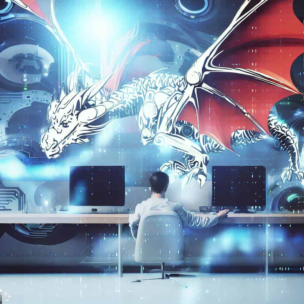 Tech-filled setting with welsh dragon flying, demonstrating the interaction between technology and users